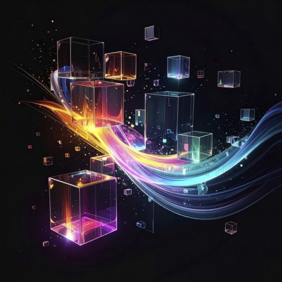 Abstract animation, glass cubes on black background, modern business wallpaper illustration, AI generated
