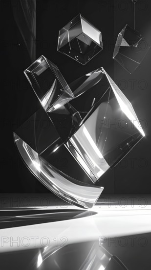 Abstract animation, glass cubes on black background, modern business wallpaper illustration, AI generated