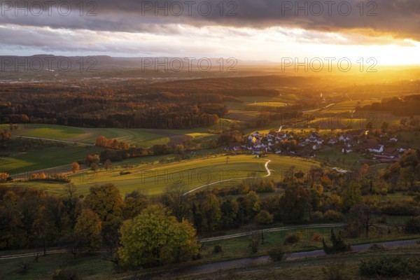 Sunset — dramatic autumn atmosphere at Hohenstaufen, Spielburg Nature Reserve, Göppingen, Baden-Württemberg, Germany