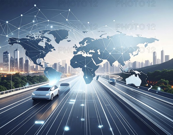 Abstract visualization of global rare earth supply network feeding EV industry, world map design, tech aesthetic, clean lines, rare earth for electric vehicles, AI generetaed, AI generated