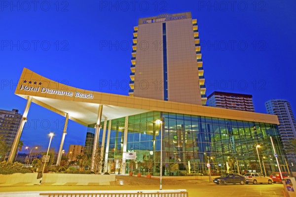 Hotel complex, Diamante Beach El Hotel AR Diamate Beach Hotel in Calpe, night view, Valencia, Costa Blanca, Spain