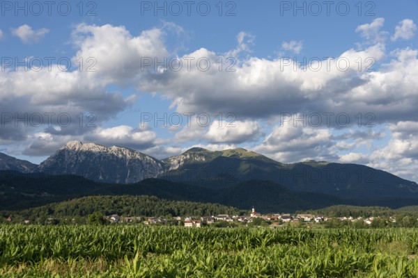 A Slovenian village is nestled between green fields and the imposing peaks of the Julian Alps near Kranj, Slovenia