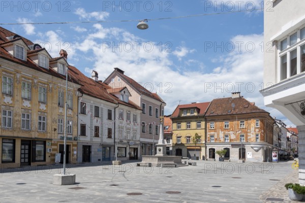 Historic town square, fountain, Kranj, Upper Carniola, Slovenia