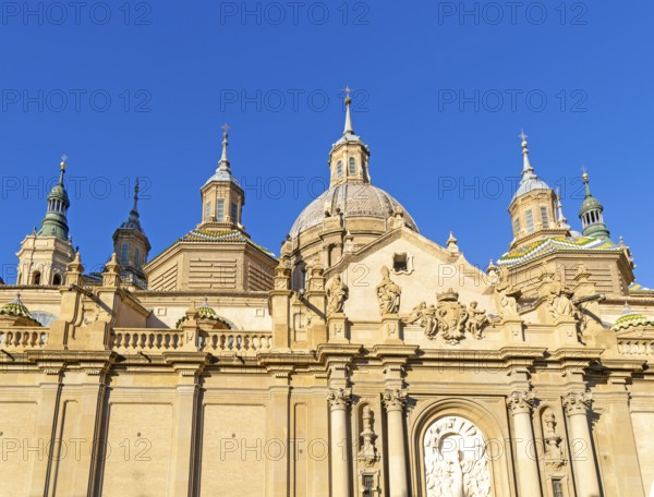 Towers and domes on roof of Basilica of Our Lady of the Pillar cathedral church, Zaragoza, Aragon, Spain