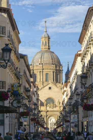 View of Basilica of Our Lady of the Pillar cathedral church from Calle de Alfonso I, Zaragoza, Aragon, Spain