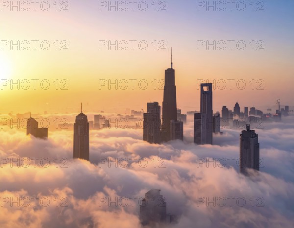 City scape emerging from a dense enveloping fog in sunrise and skyscrapers piercing the haze, big metropolis with skyline, mist on ground, blue sky, city in an aerial view, AI generated