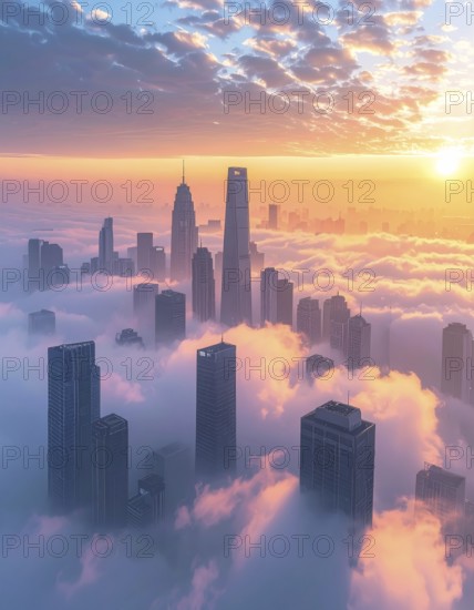 City scape emerging from a dense enveloping fog in sunrise and skyscrapers piercing the haze, big metropolis with skyline, mist on ground, blue sky, city in an aerial view, AI generated