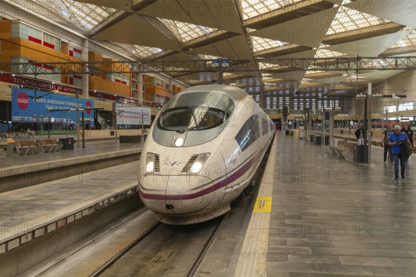 Renfe Class 103 high-speed train, AVE Alta Velocidad Española service, Zaragoza-Delicias railway station, Zaragoza, Spain