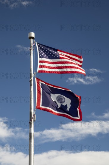 Alcova, Wyoming - The flags of the United States and the state of Wyoming fly at the Independence Rock Historic Site