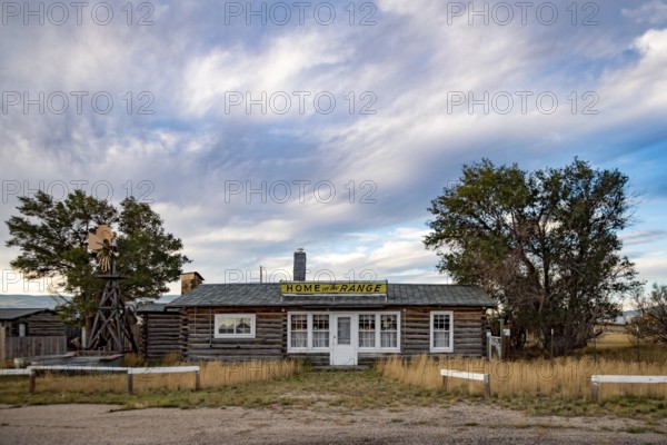 Jeffrey City, Wyoming - A Home on the Range sign on a cabin. Originally named 'Home on the Range, ' the town was renamed Jeffrey City in 1957 honor of a wealthy backer of the uranium mine and made it a boom town. Uranium mining ended in the early 80s and Jeffrey City quickly lost 95 percent of its population