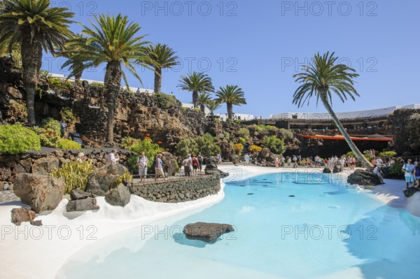Pool designed by César Manrique Swimming pool at Jameos del Agua Cultural Center Tourist Attraction, Punta Mujeres, Lanzarote, Canary Islands, Spain