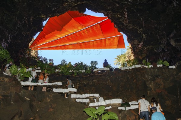 Stone staircase at the exit of lava cave system in art center cultural center tourist attraction Jameos del Agua, Punta Mujeres, Lanzarote, Canary Islands, Spain