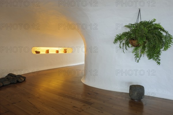 Interior corridor corridor in building designed by Cesar Manrique with the collaboration of Jesús Soto and architect Eduardo Caceres with panoramic views of the Chinijo Archipelago, Lanzarote, Canary Islands, Spain