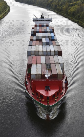 Aerial view of a container ship in the Kiel Canal, NOK, Kiel Canal, Kiel Canal, Schleswig-Holstein, Germany