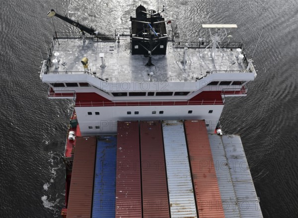 Aerial view of a container ship in the Kiel Canal, NOK, Kiel Canal, Kiel Canal, Schleswig-Holstein, Germany
