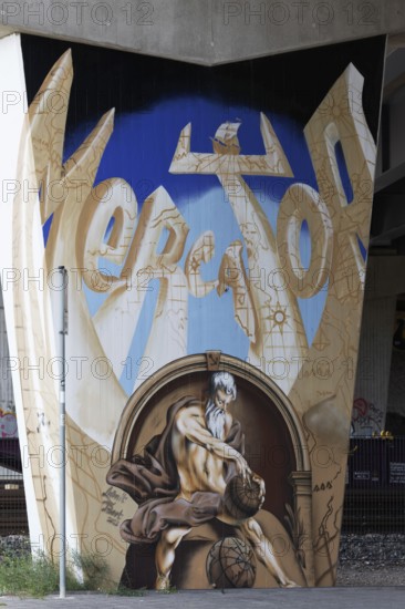 Gerhard Mercator graffiti on a concrete pillar of the A59, famous geographer of the 16th century, Duisburg, North Rhine-Westphalia, Germany