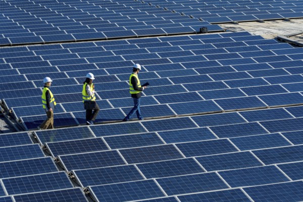 Engineers wearing safety vests and hard hats walking along rows of blue solar panels, performing inspection and maintenance at a renewable energy power station