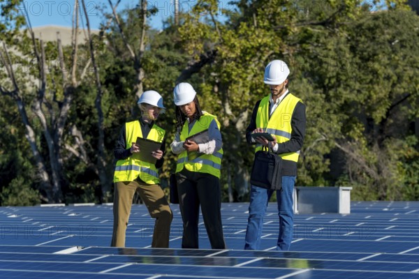 Three diverse engineers wearing hard hats and high visibility vests are inspecting solar panels on a rooftop, using a tablet and clipboard, contributing to renewable energy sustainability