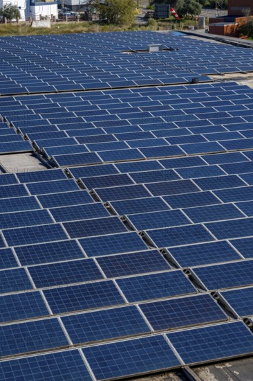 Solar panels are covering an industrial building rooftop, absorbing sunlight and converting it into renewable electrical energy, symbolizing sustainable technology and environmental responsibility