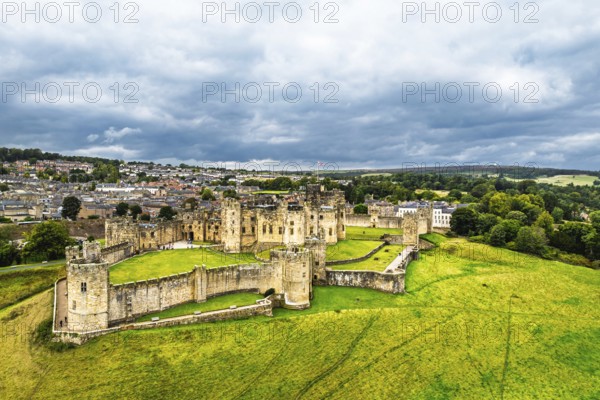 Alnwick Castle from a drone, Alnwick, Northumberland, England, United Kingdom