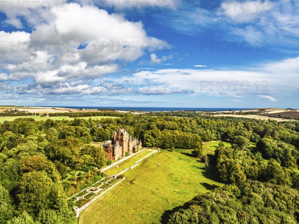 Ayton Castle from a drone, Ayton, Eyemouth, Scottish Borders, Scotland, UK