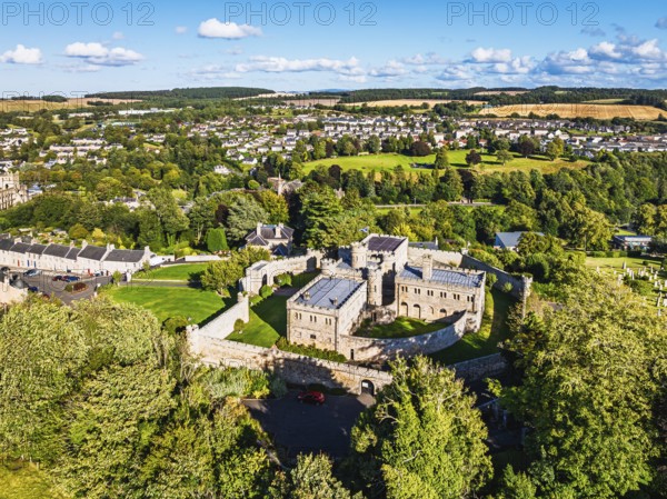 Jedburgh Castle from a drone, Jedburgh, Scottish Borders, Scotland, UK