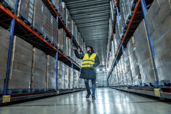Worker in protective clothing and safety vest holding a barcode scanner, checking products in a temperature controlled logistics facility with tall shelves filled with wrapped pallets