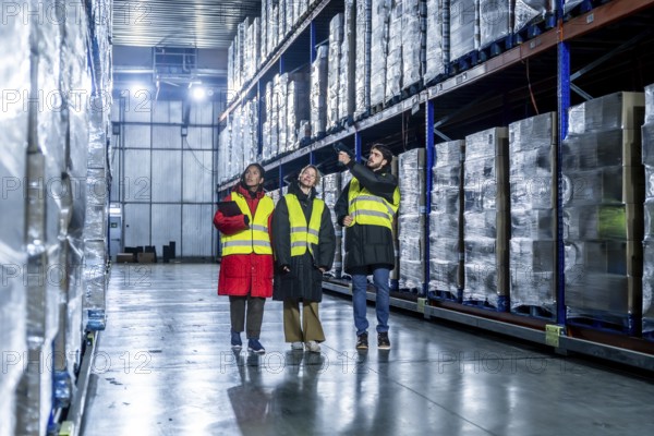 Logistics professionals, wearing warm clothing and high visibility vests, inspecting and managing packaged inventory on high racks in a temperature controlled freezer storage facility