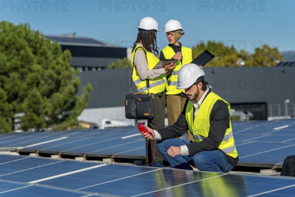 Team of solar energy engineers and technicians performing a routine inspection, checking connections, and measuring voltage on photovoltaic panels on a building rooftop