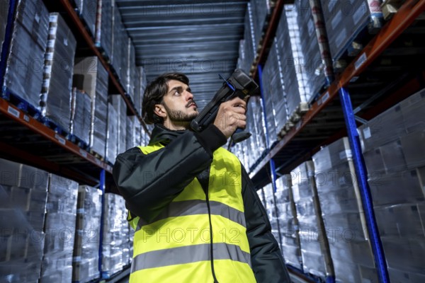 Man wearing a safety vest and jacket scanning product pallets stored on high shelves in a cold or frozen storage facility, managing supply chain inventory