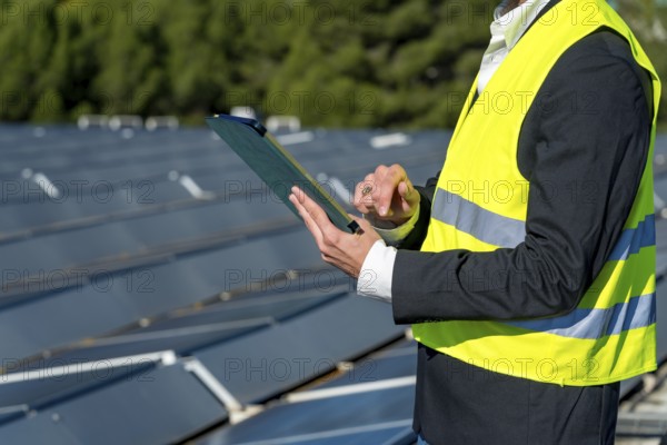 Engineer in safety vest and suit jacket holds clipboard and pen while inspecting and recording data from a large outdoor solar panel array on a sunny day, assessing performance and maintenance