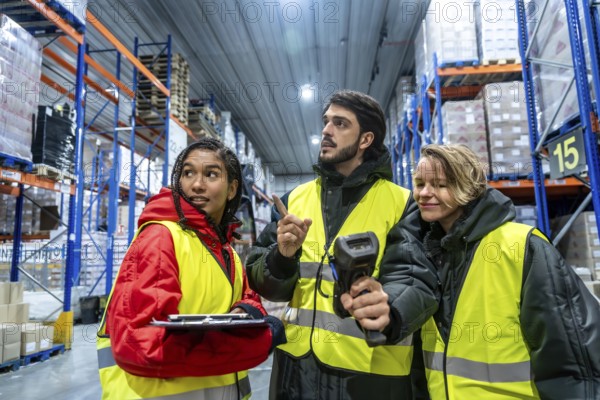 Diverse team of warehouse workers wearing safety vests and warm clothing, using a barcode scanner and clipboard while inspecting products in a cold storage facility