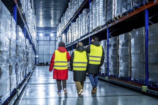 Three workers wearing safety vests and warm clothing are inspecting goods in a modern industrial cold storage warehouse, ensuring proper inventory and distribution of frozen products