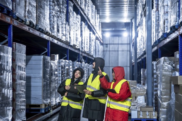 Logistics team members in protective clothing and high visibility vests checking inventory on tall racks inside a large frozen storage warehouse, managing supply chain operations and stock