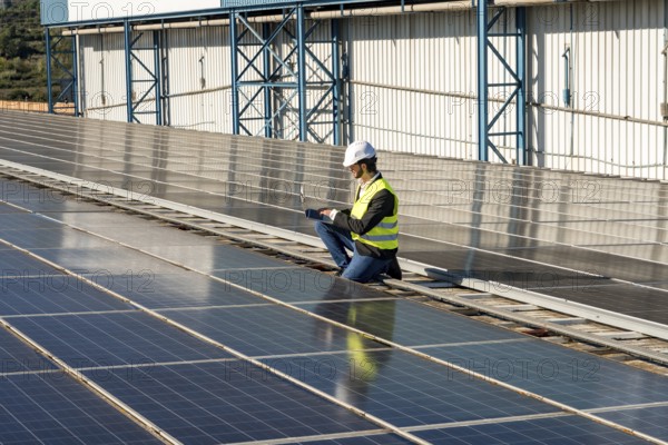 Male engineer checking solar panel efficiency on a large factory rooftop after installation, ensuring renewable energy generation and sustainable operations for the industrial building