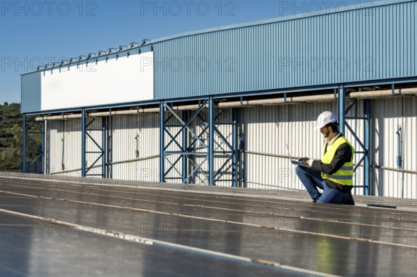 Engineer wearing a hard hat and safety vest, crouching on a rooftop full of solar panels, using a laptop to perform installation checks and maintenance on renewable energy systems