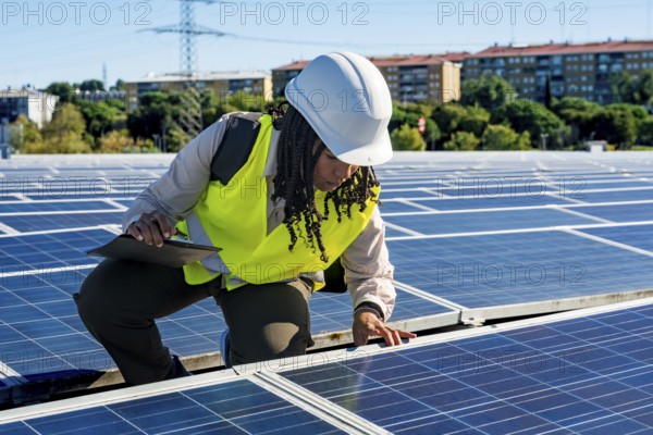 Woman engineer in safety hard hat and vest inspecting photovoltaic solar panels on a commercial building rooftop, ensuring renewable energy system efficiency and sustainable operation