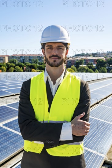 Young man engineer with a beard wearing a hard hat and safety vest, standing with crossed arms on a rooftop full of solar panels, embodying renewable energy and sustainable development