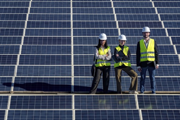 Engineers in hard hats and vests working on a vast solar panel installation, representing sustainable power generation and green technology development