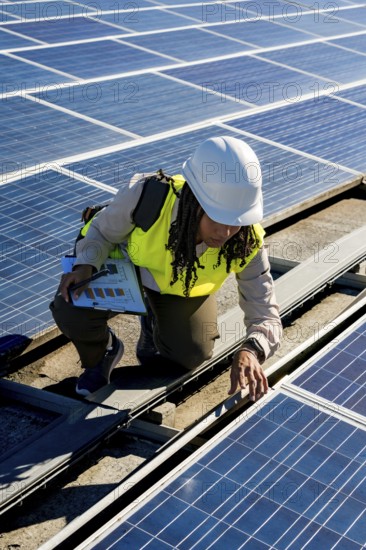 Woman engineer in a hard hat and safety vest inspecting solar panels on a rooftop, working on sustainable energy solutions and renewable energy systems