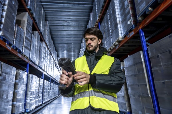 Worker wearing a safety vest and jacket operating a barcode scanner, managing inventory and shipping logistics inside a large industrial cold storage warehouse with tall shelves and packed goods