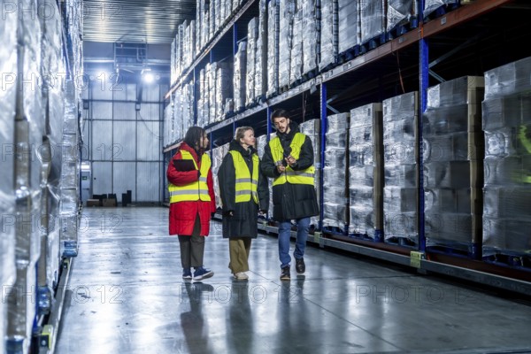 Diverse logistics team is walking and discussing inventory management within a modern cold storage warehouse, ensuring efficient operations for frozen goods