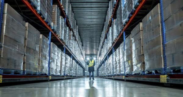 Worker in protective clothing examining packed goods and managing inventory within a vast, temperature controlled modern distribution warehouse, highlighting efficiency in cold chain logistics