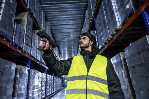 Worker in a safety vest and warm jacket performing inventory management, scanning product barcodes on high shelves in a large cold storage or frozen logistics warehouse