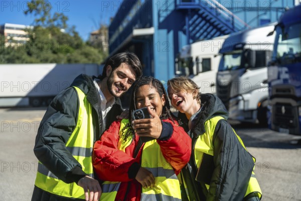 Group of smiling logistics workers wearing protective vests and warm jackets creating a cheerful team moment, capturing a selfie in front of parked trucks at a depot