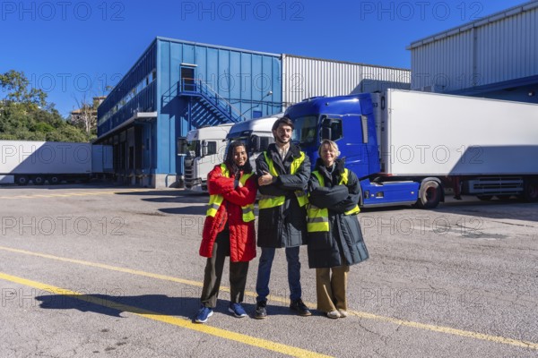 Logistics team members smiling, wearing safety vests and warm clothing, standing outdoors with arms crossed at a frozen storage warehouse with parked refrigerated trucks