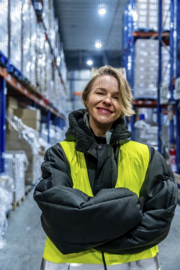 Woman wearing a warm jacket, safety vest, and protective clothing smiling and looking at the camera while standing with crossed arms in a large cold storage warehouse