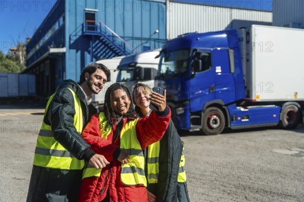 Diverse logistics team members smiling and taking a selfie outside a cold storage warehouse with trucks, symbolizing teamwork and employee satisfaction in transport and supply chain