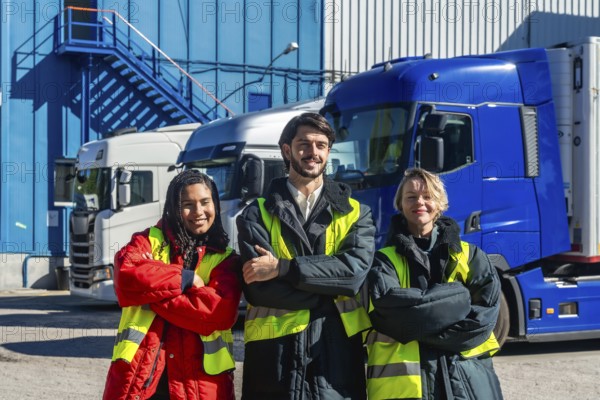 Diverse logistics team in high visibility vests and insulated jackets standing with arms crossed outside a cold storage facility, with refrigerated trucks behind, proud and professional