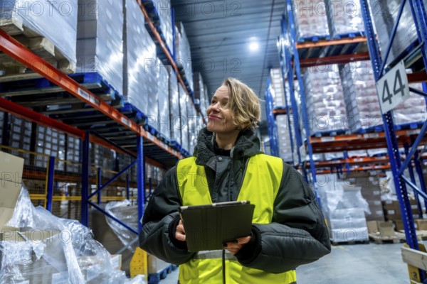 Woman worker managing cold storage logistics, wearing a warm jacket and reflective vest, holding a digital tablet while checking inventory in a large warehouse filled with stacked pallets